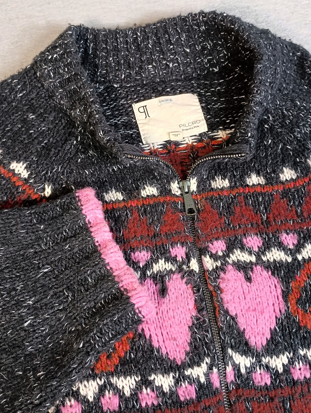 Anthropologie Pilcro Peace Love Icon Zip Up Sweater Wool Blend Boho Festival L